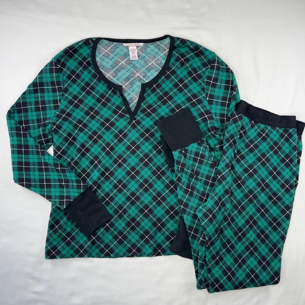 Victoria's Secret Pajama Set Women's Large Thermal Long Green Black Plaid